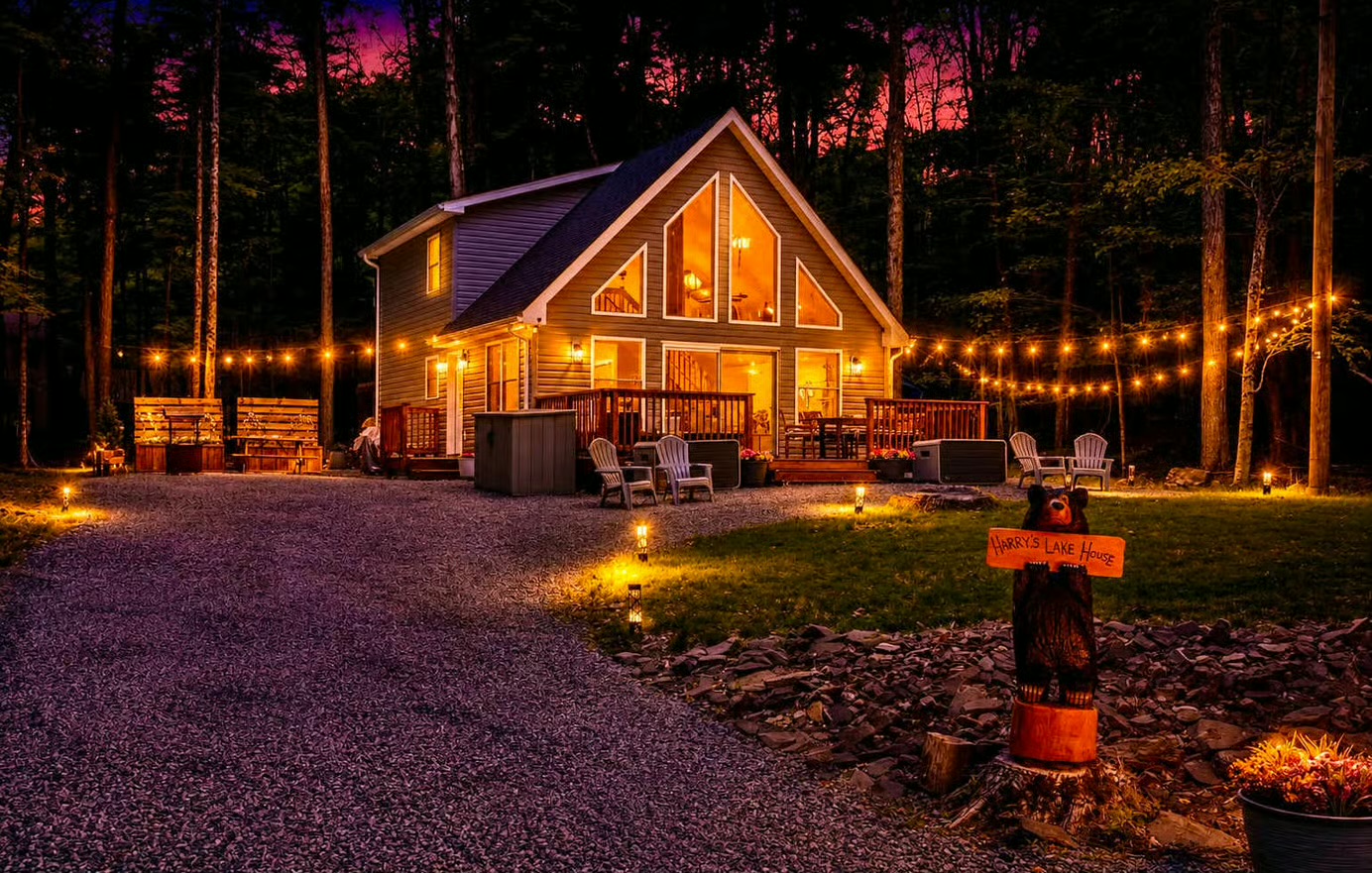 Front of the chalet at twilight